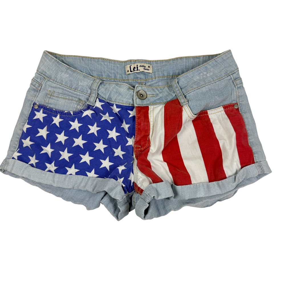 L.E.I. Ashley Lowrise American Flag Denim Shorts Blue Red White Stars Size 9